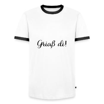 Griaß di Geschenk Österreich Lederhose - Männer Kontrast-T-Shirt - Weiß/Schwarz - Vorne - AI Model Female 172 light (172cm) & AI Model Male 178 dark (178cm)