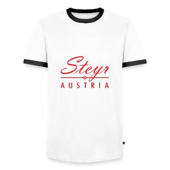 Steyr Austria Geschenk Österreich Lederhose - Männer Kontrast-T-Shirt - Weiß/Schwarz - Vorne - AI Model Female 172 light (172cm) & AI Model Male 178 dark (178cm)