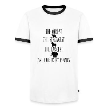 The oldest the strongest the largest vegan food - Men's Ringer Shirt - white/black - Front - AI Model Female 172 light (172cm) & AI Model Male 178 dark (178cm)
