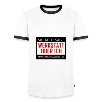 Sie hat gesagt Werkstatt oder Ich manchmal vermiss - Männer Kontrast-T-Shirt - Weiß/Schwarz - Vorne - AI Model Female 172 light (172cm) & AI Model Male 178 dark (178cm)