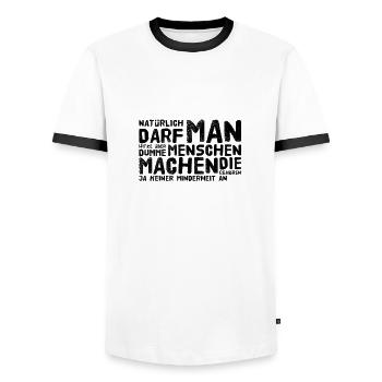 Witze über dumme Menschen - Männer Kontrast-T-Shirt - Weiß/Schwarz - Vorne - AI Model Female 172 light (172cm) & AI Model Male 178 dark (178cm)