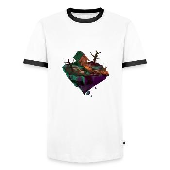 Cabane de tourbière | Low poly - T-shirt contrasté Homme - blanc/noir - Devant - AI Model Female 172 light (172cm) & AI Model Male 178 dark (178cm)