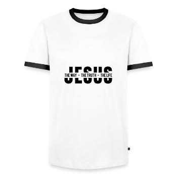 JESUS DER WEG, DIE WAHRHEIT UND DAS LEBEN - Männer Kontrast-T-Shirt - Weiß/Schwarz - Vorne - AI Model Female 172 light (172cm) & AI Model Male 178 dark (178cm)