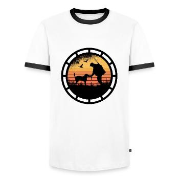 Hunter with his hunting dog. Shooting club - Men's Ringer Shirt - white/black - Front - AI Model Female 172 light (172cm) & AI Model Male 178 dark (178cm)