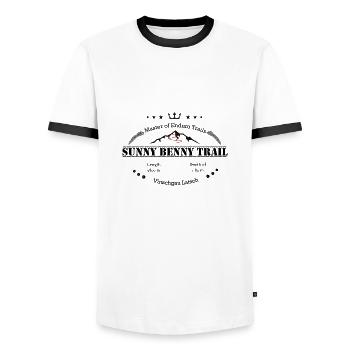 Master of Enduro Trail Sunny Benny Trail Vinschgau - Men's Ringer Shirt - white/black - Front - AI Model Female 172 light (172cm) & AI Model Male 178 dark (178cm)