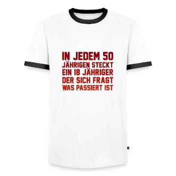 50. Geburtstag Spruch - Männer Kontrast-T-Shirt - Weiß/Schwarz - Vorne - AI Model Female 172 light (172cm) & AI Model Male 178 dark (178cm)