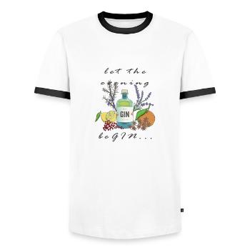 let the evening beGIN - Men's Ringer Shirt - white/black - Front - AI Model Female 172 light (172cm) & AI Model Male 178 dark (178cm)