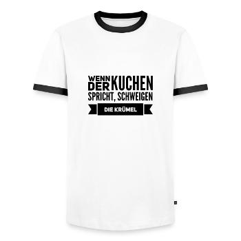 wenn der Kuchen spricht, schweigen die Krümel - Männer Kontrast-T-Shirt - Weiß/Schwarz - Vorne - AI Model Female 172 light (172cm) & AI Model Male 178 dark (178cm)