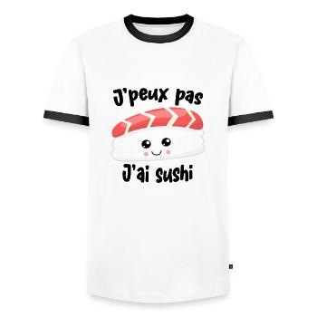 T shirt Sushi Je peux pas J'ai Sushi humour cadeau - T-shirt contrasté Homme - blanc/noir - Devant - AI Model Female 172 light (172cm) & AI Model Male 178 dark (178cm)