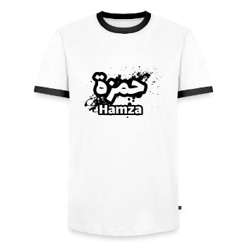 Arabische Kalligraphie Vorname Hamza - Männer Kontrast-T-Shirt - Weiß/Schwarz - Vorne - AI Model Female 172 light (172cm) & AI Model Male 178 dark (178cm)