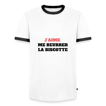 "Me beurrer la biscotte" - T-shirt contrasté Homme - blanc/noir - Devant - AI Model Female 172 light (172cm) & AI Model Male 178 dark (178cm)