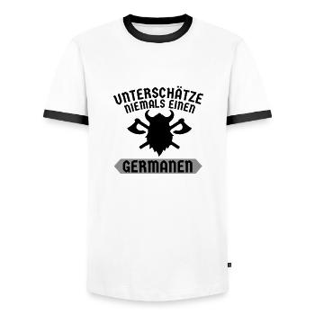 Unterschätze niemals einen Germanen Wikinger Odin - Männer Kontrast-T-Shirt - Weiß/Schwarz - Vorne - AI Model Female 172 light (172cm) & AI Model Male 178 dark (178cm)