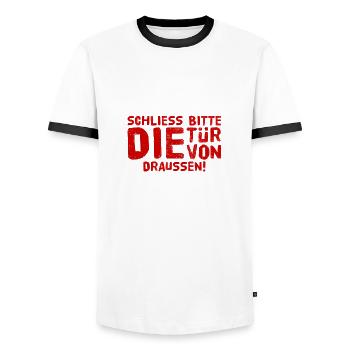 schliess bitte die Tür von draussen - Männer Kontrast-T-Shirt - Weiß/Schwarz - Vorne - AI Model Female 172 light (172cm) & AI Model Male 178 dark (178cm)