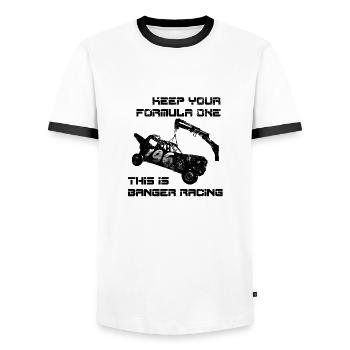 Keep Your Formula One - This is Banger Racing - Men's Ringer Shirt - white/black - Front - AI Model Female 172 light (172cm) & AI Model Male 178 dark (178cm)
