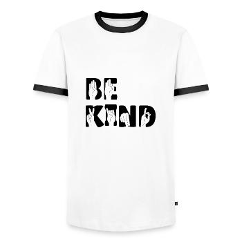 BE KIND - Lormen Sign Language - Men's Ringer Shirt - white/black - Front - AI Model Female 172 light (172cm) & AI Model Male 178 dark (178cm)
