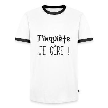 T'inquiète je gère - T-shirt contrasté Homme - blanc/noir - Devant - AI Model Female 172 light (172cm) & AI Model Male 178 dark (178cm)