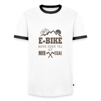 E bike berg oder tal mir egal Geschenk Fahrrad - Männer Kontrast-T-Shirt - Weiß/Schwarz - Vorne - AI Model Female 172 light (172cm) & AI Model Male 178 dark (178cm)