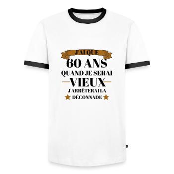 Anniversaire 60 ans : citation anniversaire 60 ans - T-shirt contrasté Homme - blanc/noir - Devant - AI Model Female 172 light (172cm) & AI Model Male 178 dark (178cm)