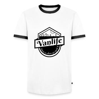 Van life, camping, bus, sweater - Men's Ringer Shirt - white/black - Front - AI Model Female 172 light (172cm) & AI Model Male 178 dark (178cm)