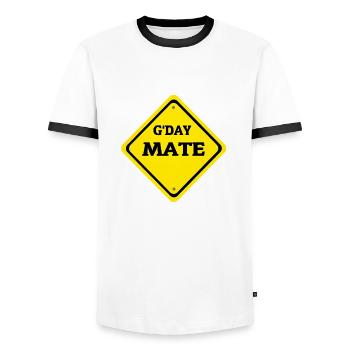 G DAY MATE - Men's Ringer Shirt - white/black - Front - AI Model Female 172 light (172cm) & AI Model Male 178 dark (178cm)