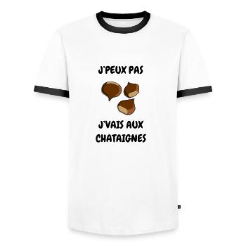 J’peux pas j’vais au châtaignes - T-shirt contrasté Homme - blanc/noir - Devant - AI Model Female 172 light (172cm) & AI Model Male 178 dark (178cm)