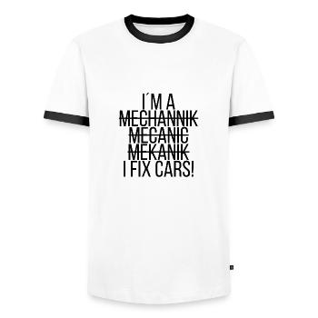 I fix cars! - Männer Kontrast-T-Shirt - Weiß/Schwarz - Vorne - AI Model Female 172 light (172cm) & AI Model Male 178 dark (178cm)