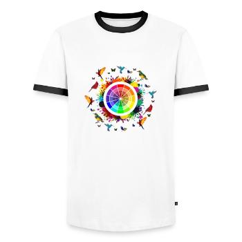 explosion of Rainbows , Rainbow, Rainbow t shirts - Men's Ringer Shirt - white/black - Front - AI Model Female 172 light (172cm) & AI Model Male 178 dark (178cm)