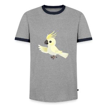 Funny big yellow-crested cockatoo - Men's Ringer Shirt - grey/navy  - Front - AI Model Female 172 light (172cm) & AI Model Male 178 light (178cm)