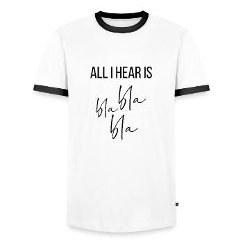 All I hear is bla bla bla bla - Men's Ringer Shirt - white/black - Front - AI Model Female 172 light (172cm) & AI Model Male 178 dark (178cm)
