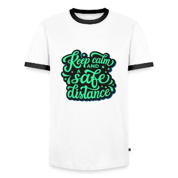 garder calme et une distance sûre! - T-shirt contrasté Homme - blanc/noir - Devant - AI Model Female 172 light (172cm) & AI Model Male 178 dark (178cm)