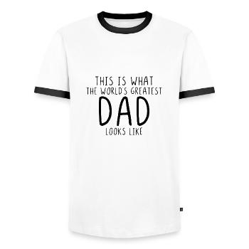 This is what the world 1ers greatest dad looks like - T-shirt contrasté Homme - blanc/noir - Devant - AI Model Female 172 light (172cm) & AI Model Male 178 dark (178cm)