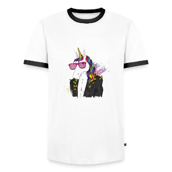 The Last Unicorn White@Markus - Men's Ringer Shirt - white/black - Front - AI Model Female 172 light (172cm) & AI Model Male 178 dark (178cm)