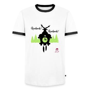 Kuckuck...Kuckuck... Kuckucksuhr mit Hirschgeweih - Männer Kontrast-T-Shirt - Weiß/Schwarz - Vorne - AI Model Female 172 light (172cm) & AI Model Male 178 dark (178cm)