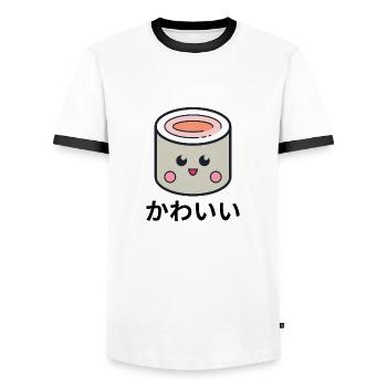 Sushi Maki Kawaii Chibi Anime Kanji Japanese - Men's Ringer Shirt - white/black - Front - AI Model Female 172 light (172cm) & AI Model Male 178 dark (178cm)