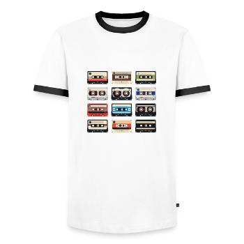 #Music retro vintage Kassette tape 80s - Männer Kontrast-T-Shirt - Weiß/Schwarz - Vorne - AI Model Female 172 light (172cm) & AI Model Male 178 dark (178cm)
