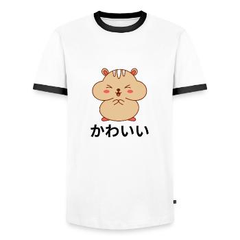 Hamster Happy Kawaii Chibi Anime Japanese Kanji - Men's Ringer Shirt - white/black - Front - AI Model Female 172 light (172cm) & AI Model Male 178 dark (178cm)