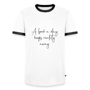 A book a day keeps reality away - T-shirt contrasté Homme - blanc/noir - Devant - AI Model Female 172 light (172cm) & AI Model Male 178 dark (178cm)