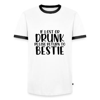 If lost or drunk please return to bestie - Men's Ringer Shirt - white/black - Front - AI Model Female 172 light (172cm) & AI Model Male 178 dark (178cm)