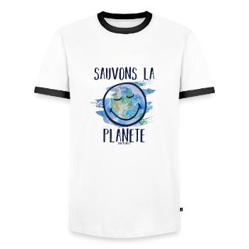 Sauvons la planète smileyworld marine - T-shirt contrasté Homme - blanc/noir - Devant - AI Model Female 172 light (172cm) & AI Model Male 178 dark (178cm)