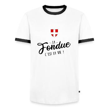 La fondue c'est la vie noir savoie - T-shirt contrasté Homme - blanc/noir - Devant - AI Model Female 172 light (172cm) & AI Model Male 178 dark (178cm)