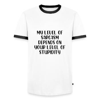 My level of sarcasm depends on your stupidity - Men's Ringer Shirt - white/black - Front - AI Model Female 172 light (172cm) & AI Model Male 178 dark (178cm)