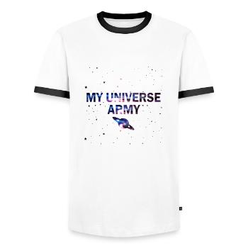 My Universe Army - Men's Ringer Shirt - white/black - Front - AI Model Female 172 light (172cm) & AI Model Male 178 dark (178cm)