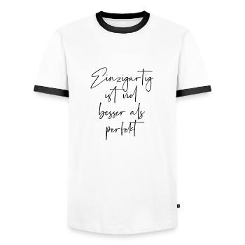 Einzigartig ist viel besser als perfekt - Männer Kontrast-T-Shirt - Weiß/Schwarz - Vorne - AI Model Female 172 light (172cm) & AI Model Male 178 dark (178cm)