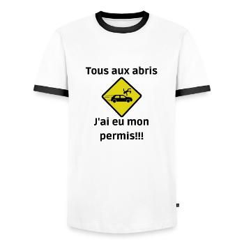 Tous aux abris, j'ai eu mon permis!!! - T-shirt contrasté Homme - blanc/noir - Devant - AI Model Female 172 light (172cm) & AI Model Male 178 dark (178cm)