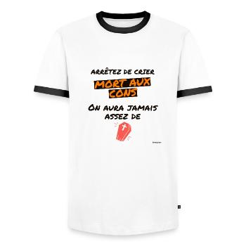 mort aux cons ... on aura jamais assez de .... - T-shirt contrasté Homme - blanc/noir - Devant - AI Model Female 172 light (172cm) & AI Model Male 178 dark (178cm)