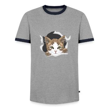 Happy cat peeps through torn paper - Men's Ringer Shirt - grey/navy  - Front - AI Model Female 172 light (172cm) & AI Model Male 178 light (178cm)