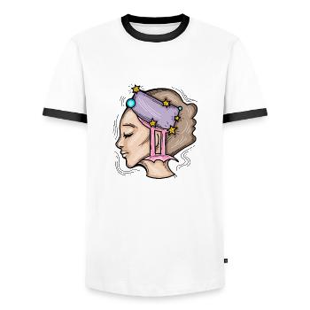Signe du zodiaque Gémeaux. Horoscope met en vedette le visage de la femme. - T-shirt contrasté Homme - blanc/noir - Devant - AI Model Female 172 light (172cm) & AI Model Male 178 dark (178cm)