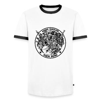 IDI NAHUJ - FUCK PUTIN - Men's Ringer Shirt - white/black - Front - AI Model Female 172 light (172cm) & AI Model Male 178 dark (178cm)