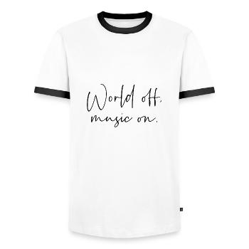 World off music on - Männer Kontrast-T-Shirt - Weiß/Schwarz - Vorne - AI Model Female 172 light (172cm) & AI Model Male 178 dark (178cm)