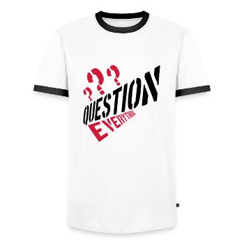 Conspiracy Question Everything - Men's Ringer Shirt - white/black - Front - AI Model Female 172 light (172cm) & AI Model Male 178 dark (178cm)